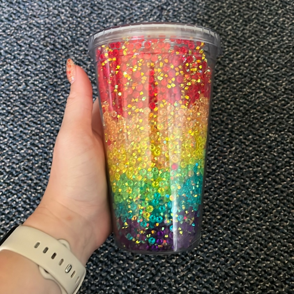 Rainbow handmade tumbler with rhinestones inside